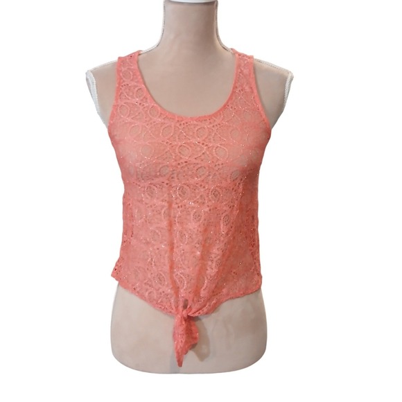 Charlotte Russe Tops - Charlotte Russe Coral Lace Tie Front Tank Top Glitter Mesh Size Juniors Medium